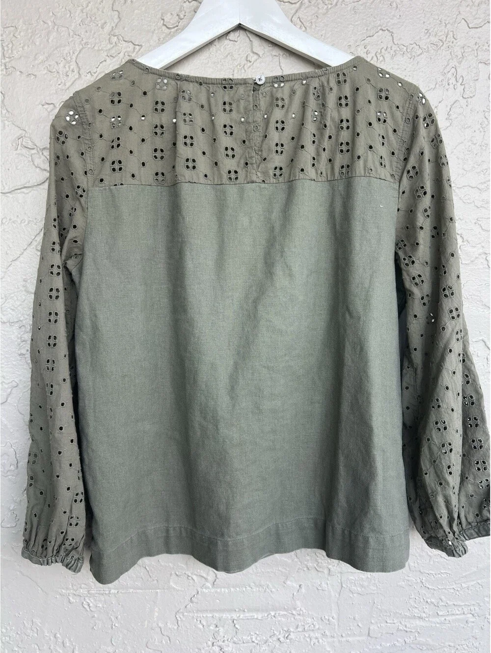 EUC! J.Crew Mercantile Olive Green Line Blend Eyelet Long Sleeves Shirt Women S
